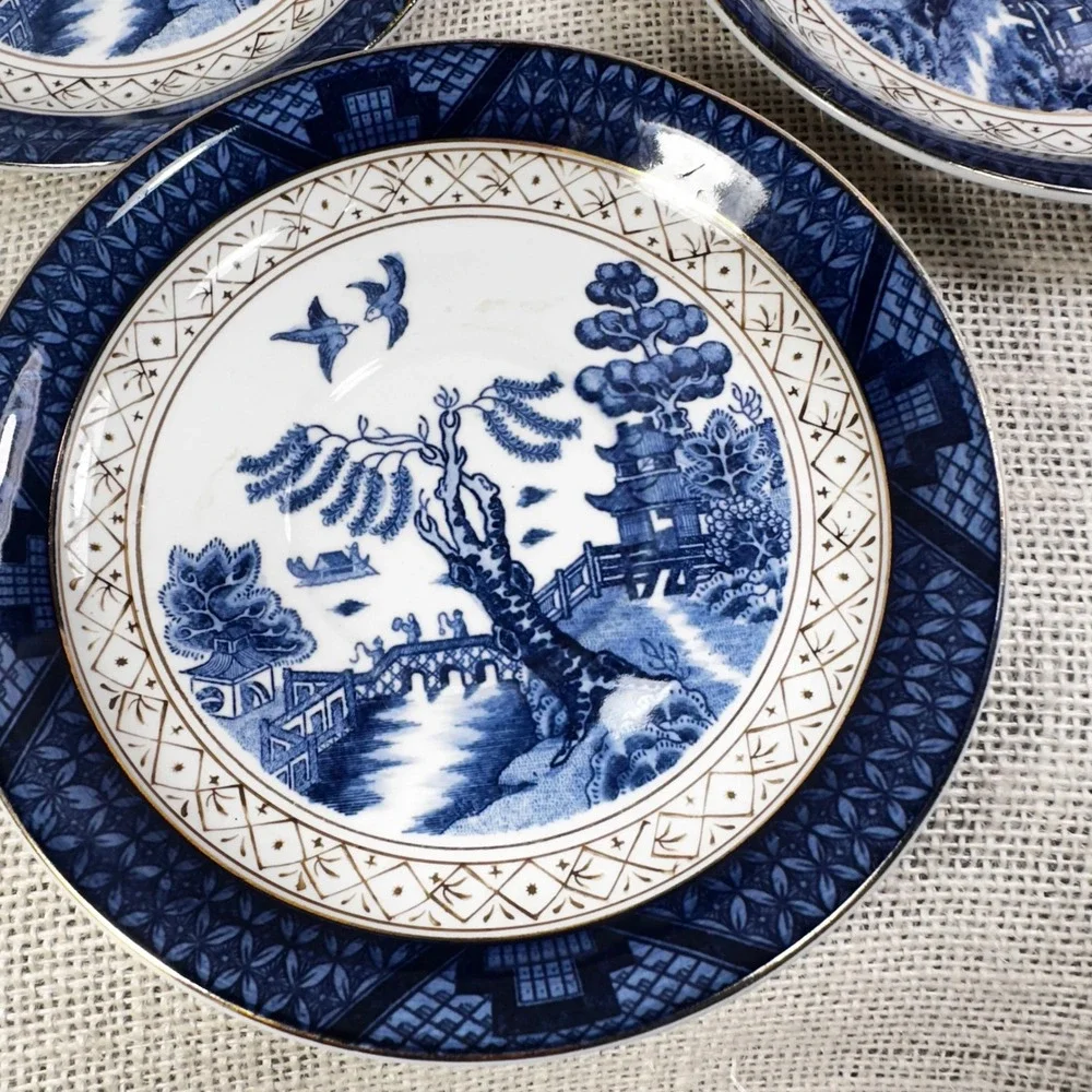 Vintage Occupied Japan Ironstone Blue Willow China Lot 5 Mixed Pieces Gold Trim